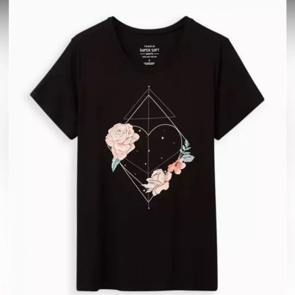 torrid Black Tee with Pink Floral Heart Graphic